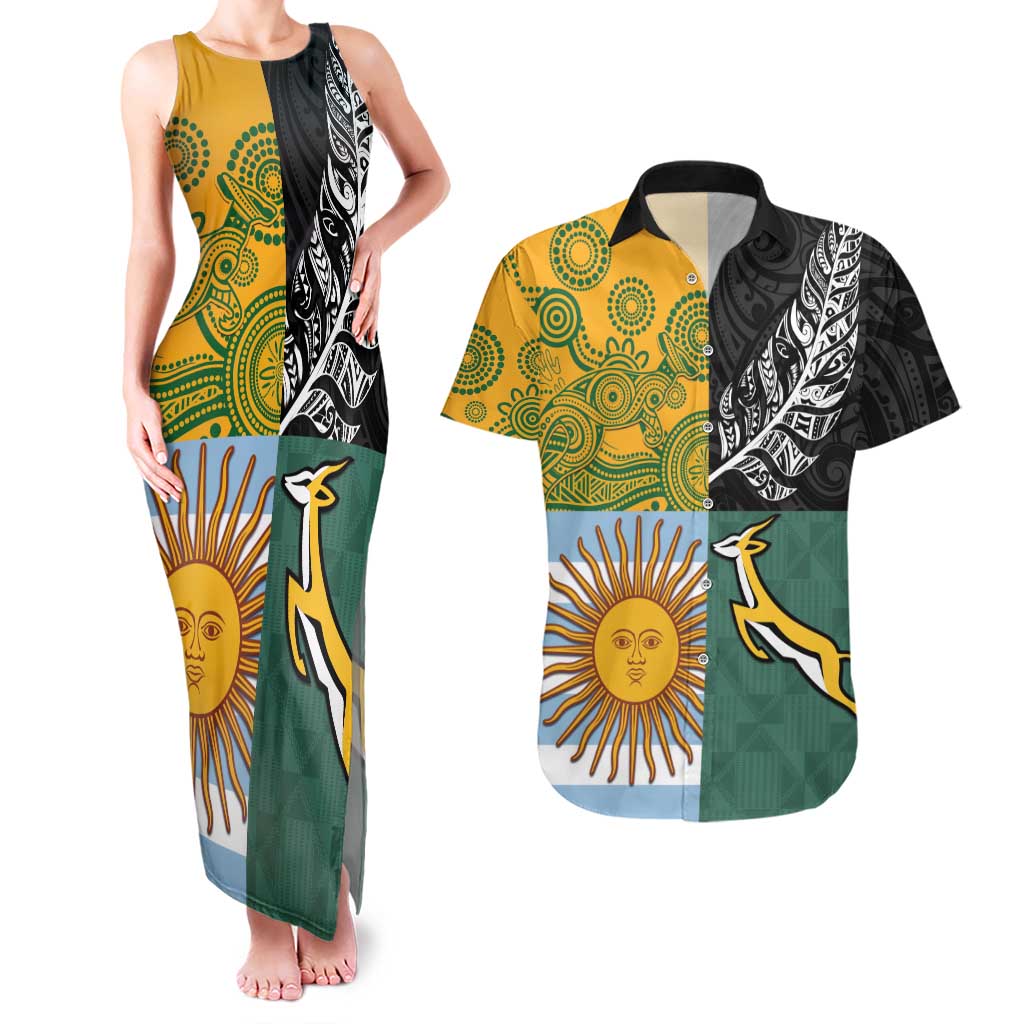 Personalised Rugby 2025 Championship Couples Matching Tank Maxi Dress and Hawaiian Shirt Combination of Southern Hemisphere Countries LT14 Black - Polynesian Pride