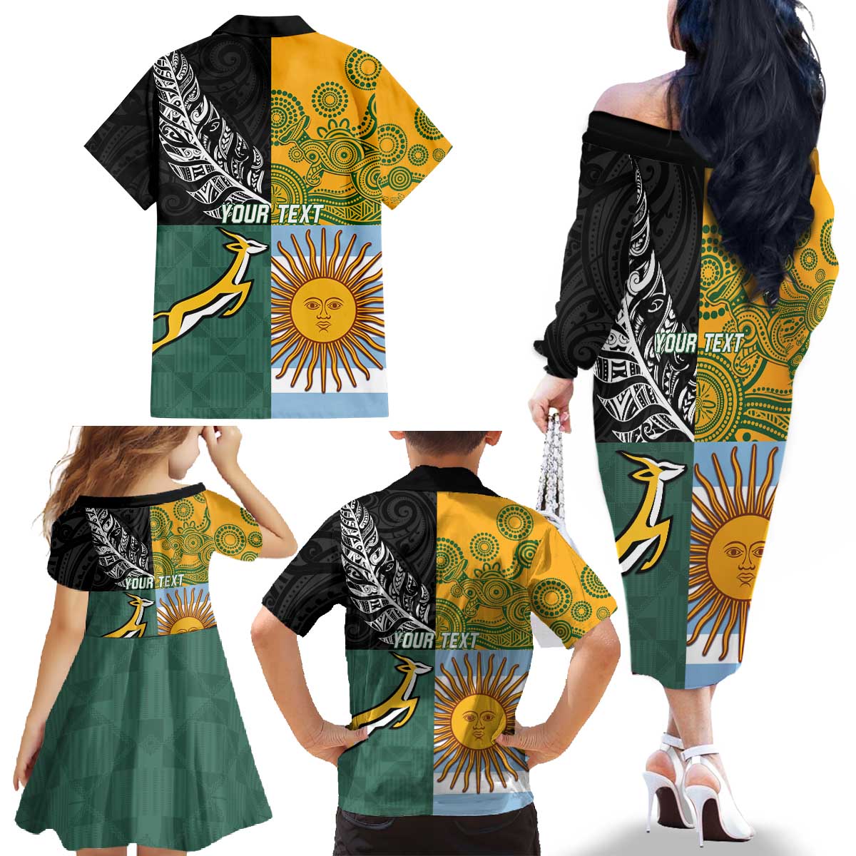 Personalised Rugby 2025 Championship Family Matching Off The Shoulder Long Sleeve Dress and Hawaiian Shirt Combination of Southern Hemisphere Countries LT14 - Polynesian Pride