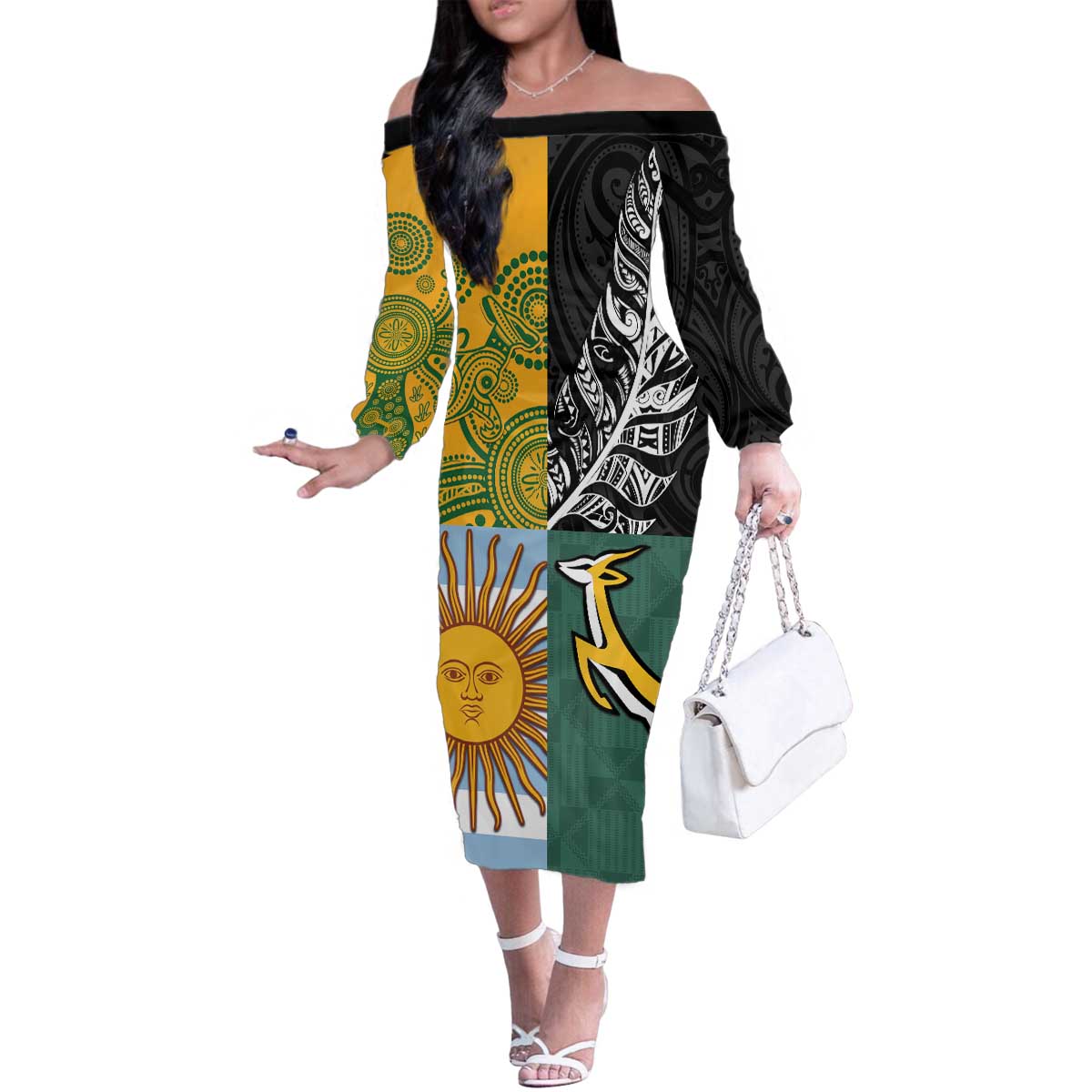 Personalised Rugby 2025 Championship Family Matching Off The Shoulder Long Sleeve Dress and Hawaiian Shirt Combination of Southern Hemisphere Countries LT14 Mom's Dress Black - Polynesian Pride