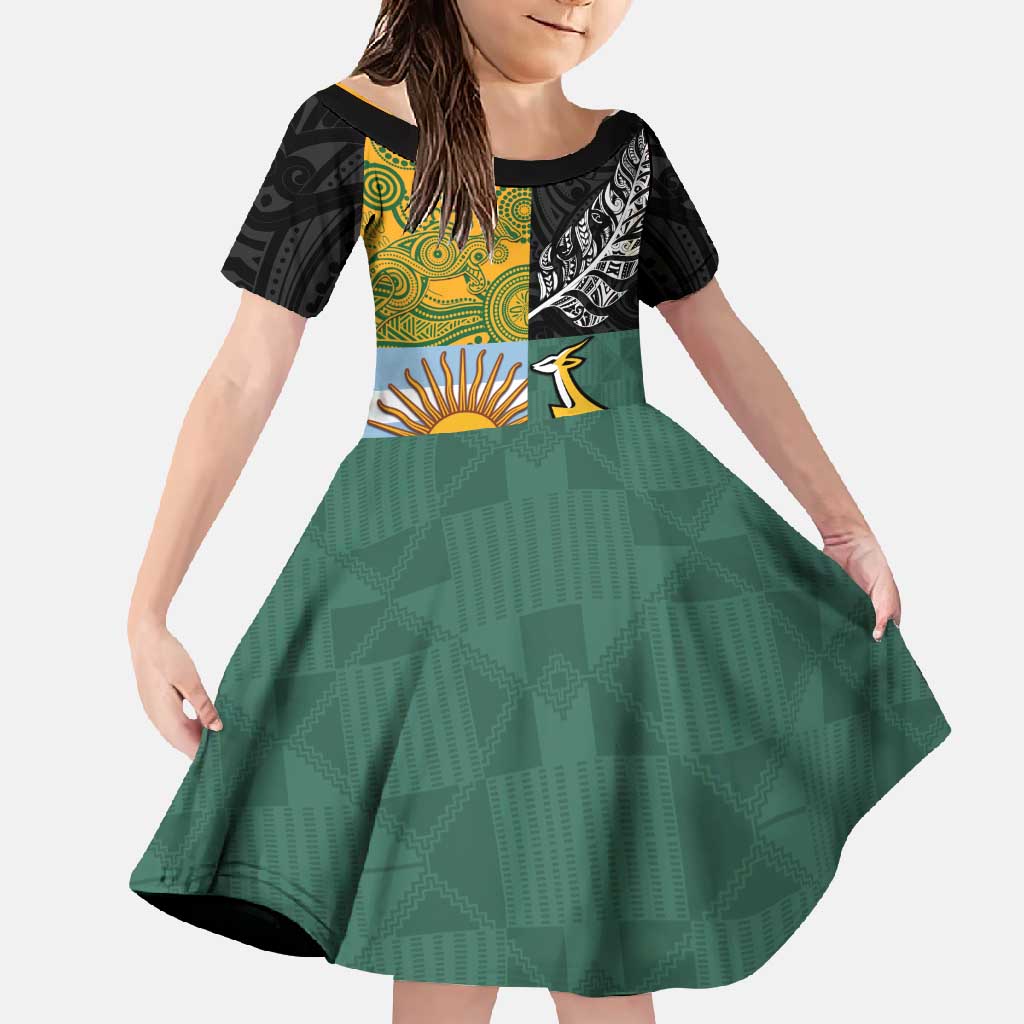 Personalised Rugby 2025 Championship Family Matching Off Shoulder Maxi Dress and Hawaiian Shirt Combination of Southern Hemisphere Countries LT14 Daughter's Dress Black - Polynesian Pride