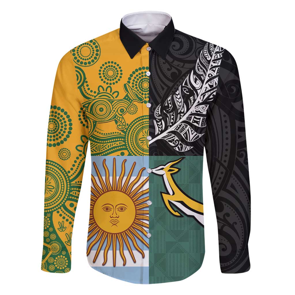 Personalised Rugby 2025 Championship Family Matching Off Shoulder Maxi Dress and Hawaiian Shirt Combination of Southern Hemisphere Countries LT14 Dad's Shirt - Long Sleeve Black - Polynesian Pride