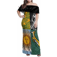 Personalised Rugby 2025 Championship Family Matching Off Shoulder Maxi Dress and Hawaiian Shirt Combination of Southern Hemisphere Countries LT14 Mom's Dress Black - Polynesian Pride