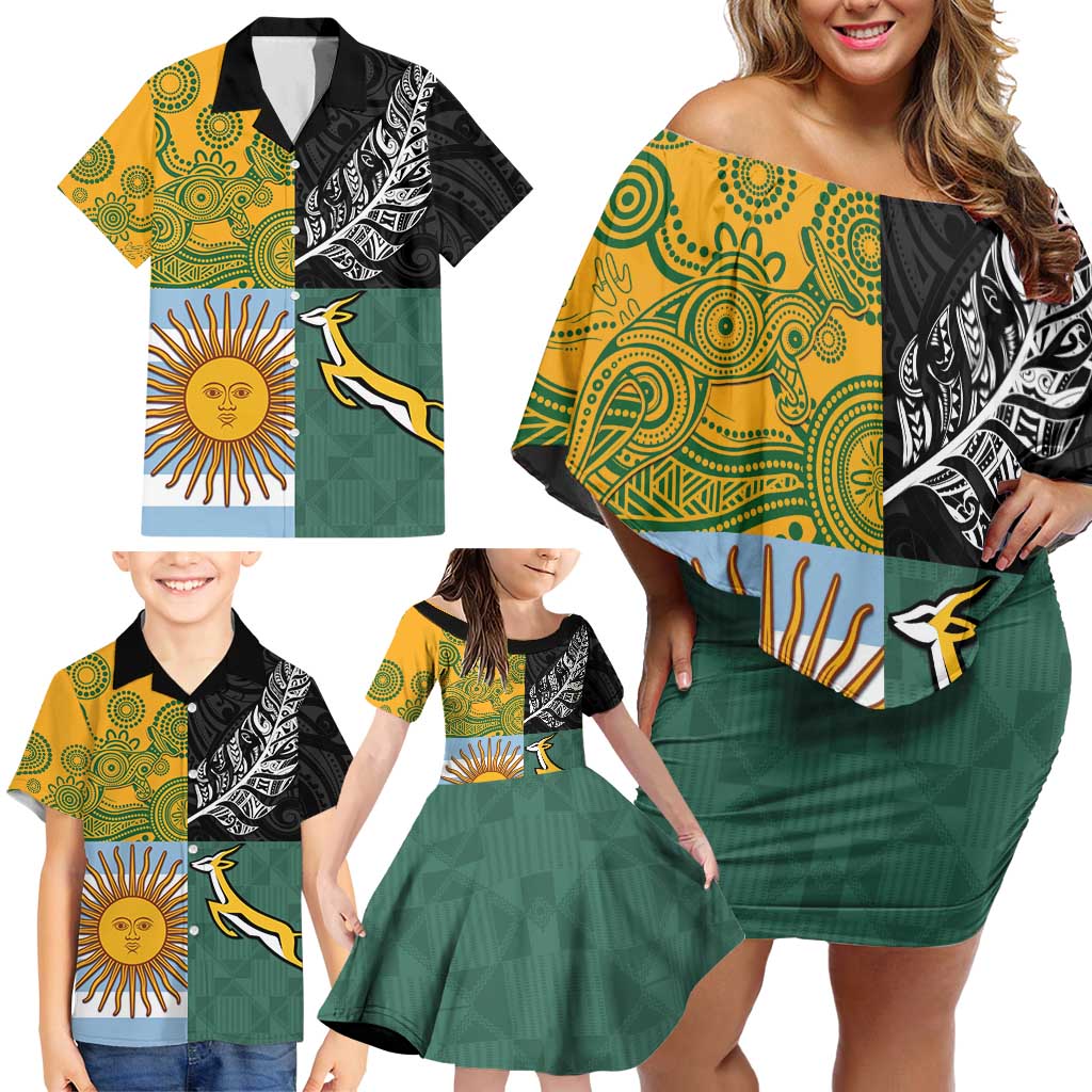 Personalised Rugby 2025 Championship Family Matching Off Shoulder Short Dress and Hawaiian Shirt Combination of Southern Hemisphere Countries LT14 - Polynesian Pride