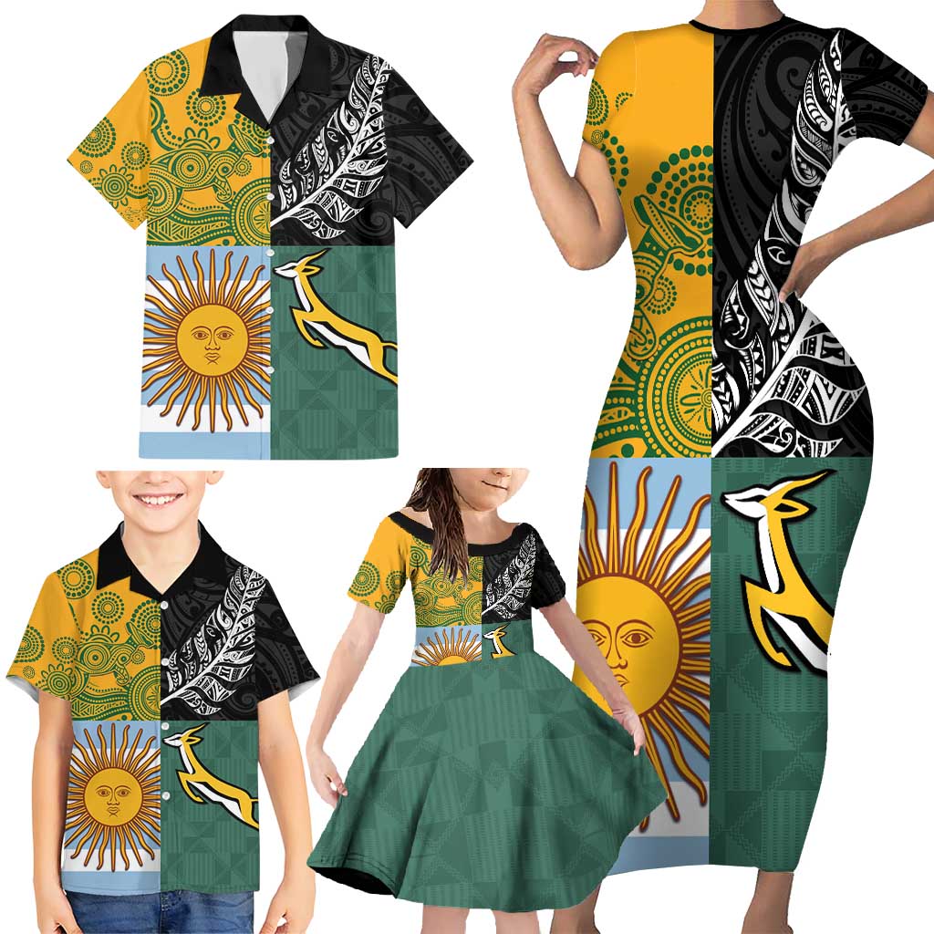 Personalised Rugby 2025 Championship Family Matching Short Sleeve Bodycon Dress and Hawaiian Shirt Combination of Southern Hemisphere Countries LT14 - Polynesian Pride