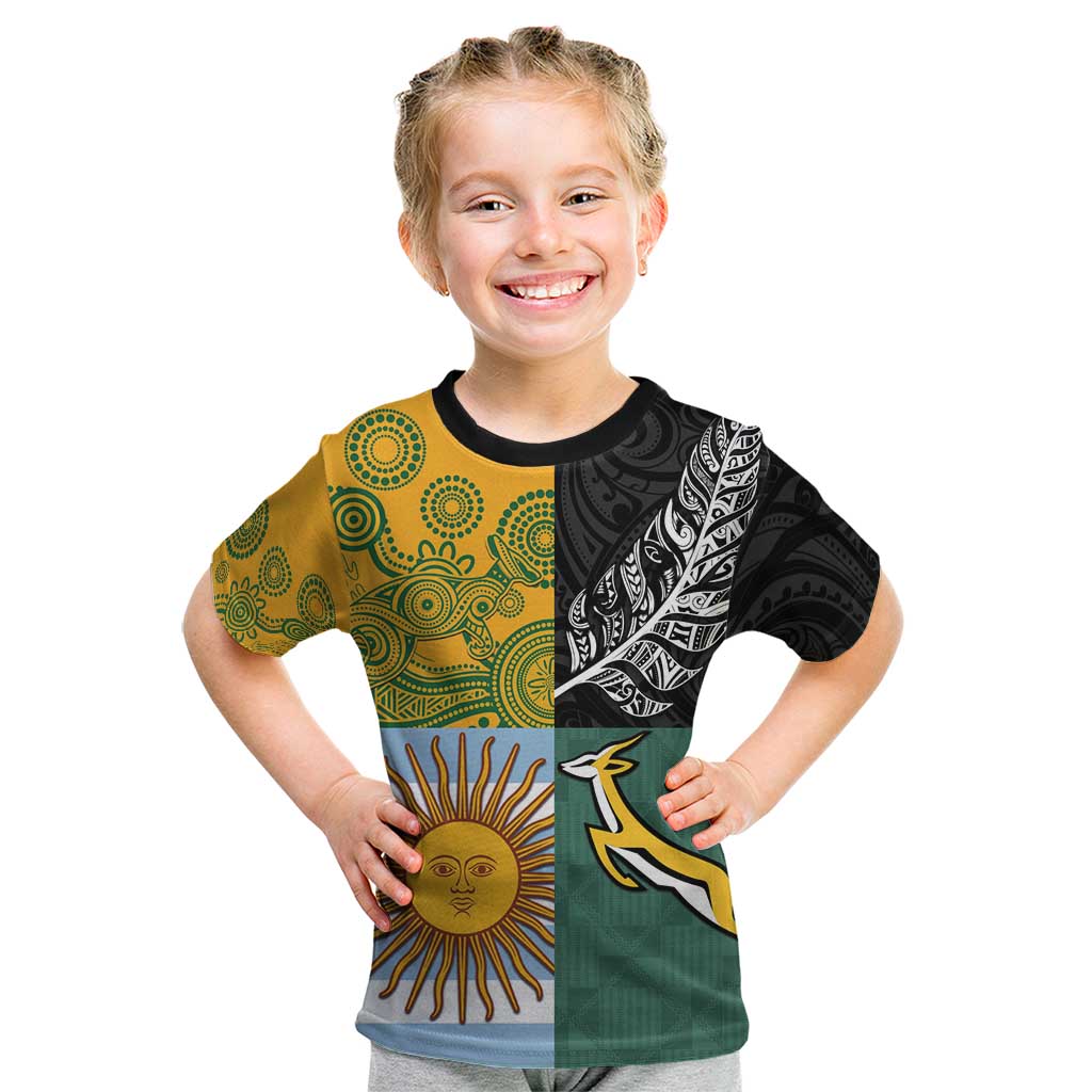 Personalised Rugby 2025 Championship Kid T Shirt Combination of Southern Hemisphere Countries LT14 Black - Polynesian Pride