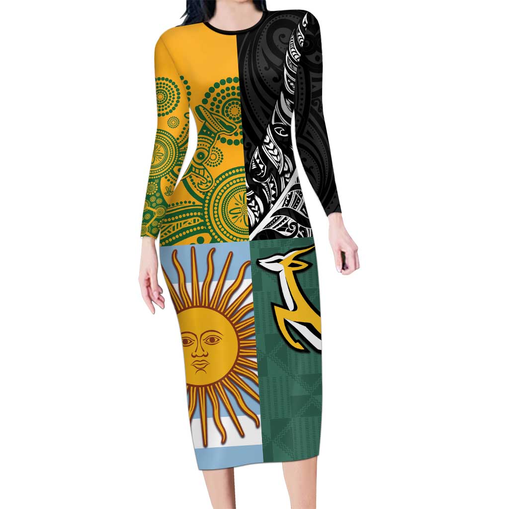 Personalised Rugby 2025 Championship Long Sleeve Bodycon Dress Combination of Southern Hemisphere Countries LT14 Long Dress Black - Polynesian Pride