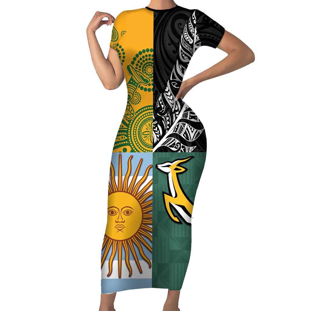 Personalised Rugby 2025 Championship Short Sleeve Bodycon Dress Combination of Southern Hemisphere Countries LT14 Long Dress Black - Polynesian Pride