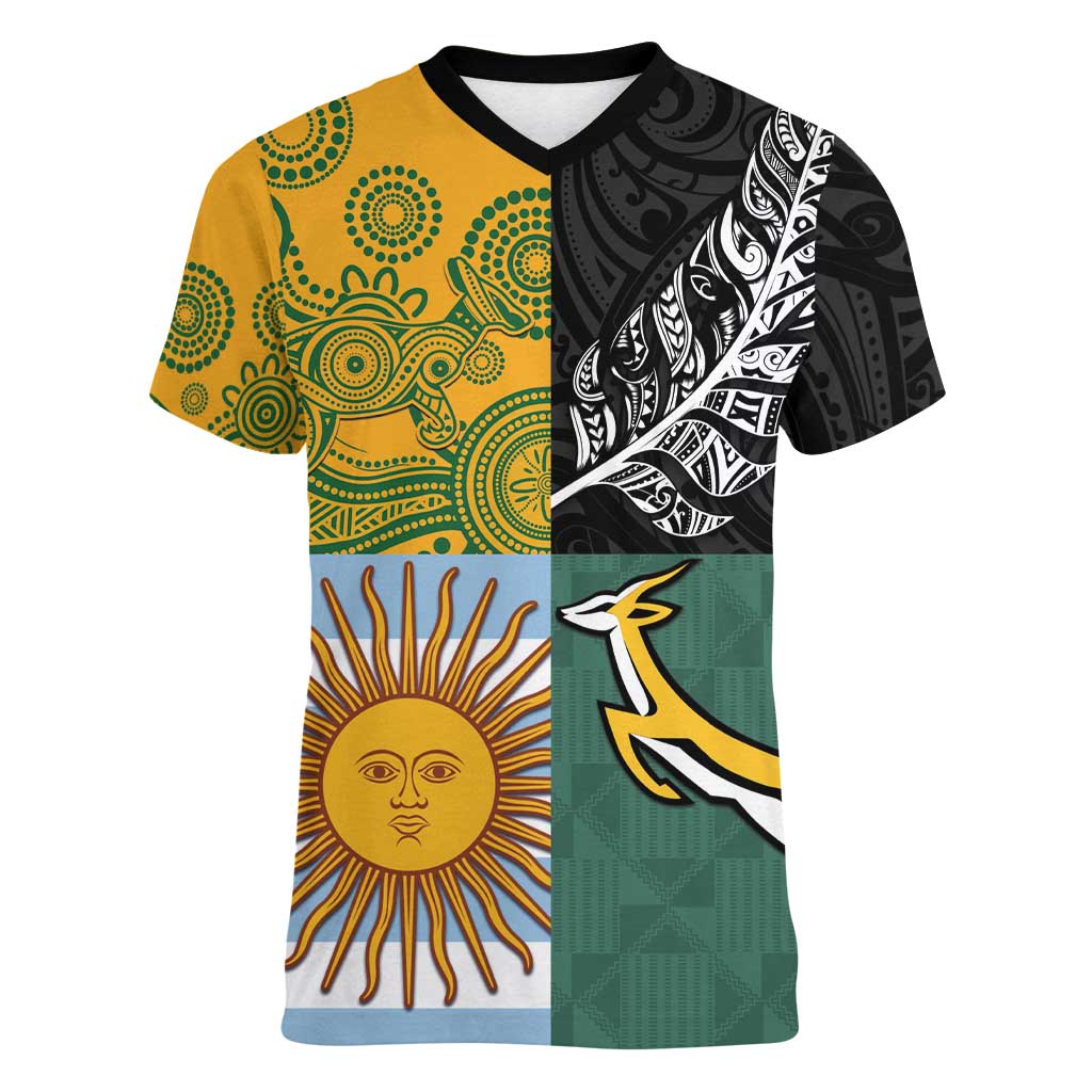 Personalised Rugby 2025 Championship Women V-Neck T-Shirt Combination of Southern Hemisphere Countries LT14 Female Black - Polynesian Pride