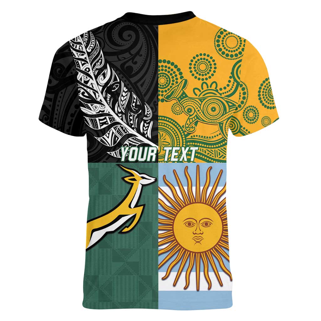 Personalised Rugby 2025 Championship Women V-Neck T-Shirt Combination of Southern Hemisphere Countries LT14 - Polynesian Pride