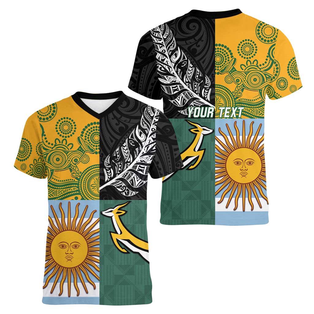 Personalised Rugby 2025 Championship Women V-Neck T-Shirt Combination of Southern Hemisphere Countries LT14 - Polynesian Pride