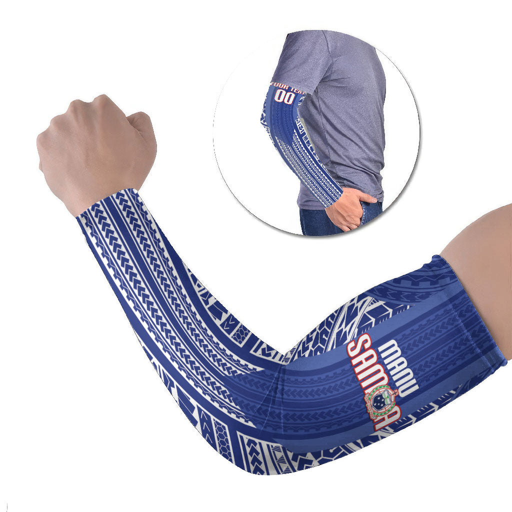 Custom Manu Samoa Rugby 2026 Arm Sleeves Samoan Pattern LT14 Set of 2 Blue - Polynesian Pride