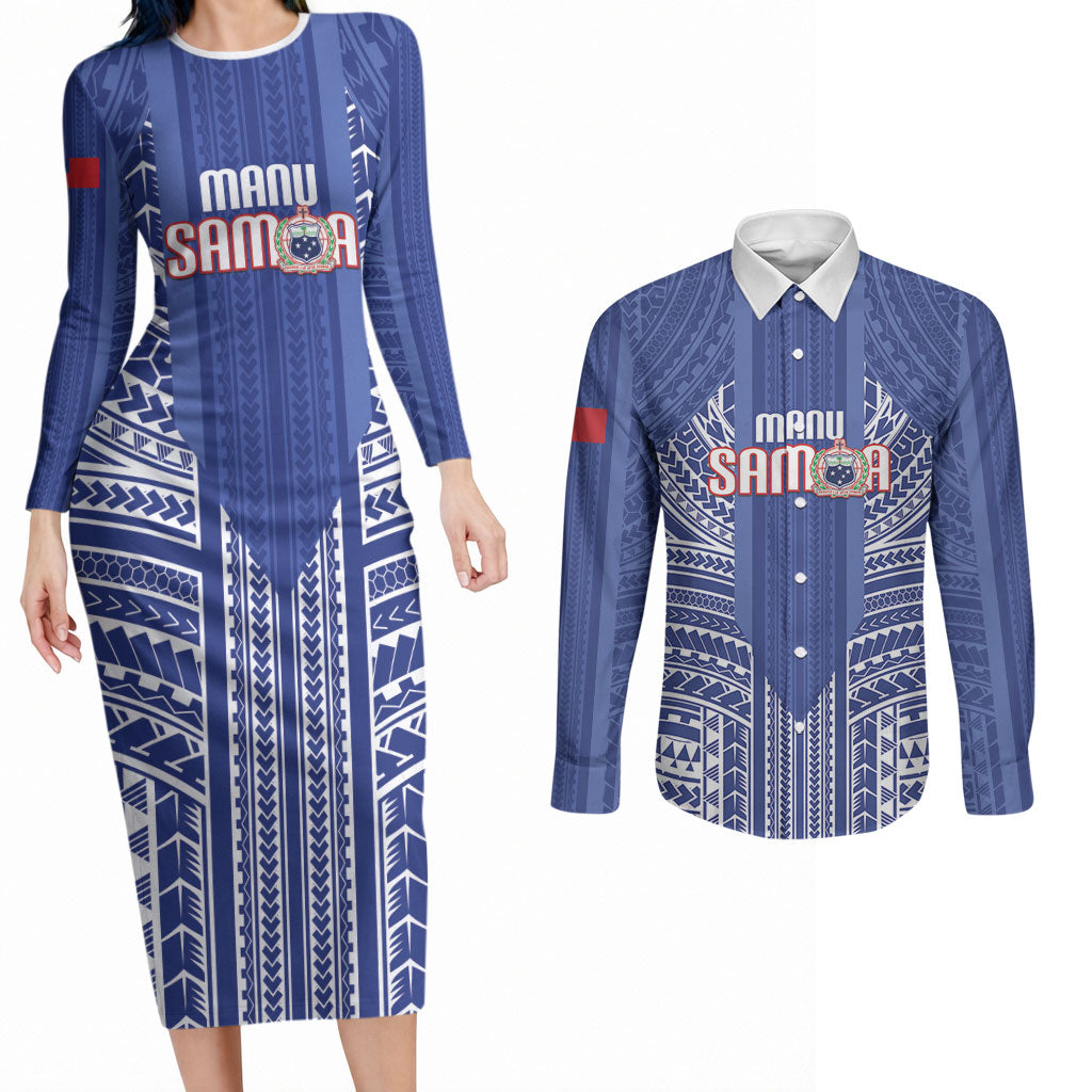 Custom Manu Samoa Rugby 2026 Couples Matching Long Sleeve Bodycon Dress and Long Sleeve Button Shirt Samoan Pattern LT14 Blue - Polynesian Pride