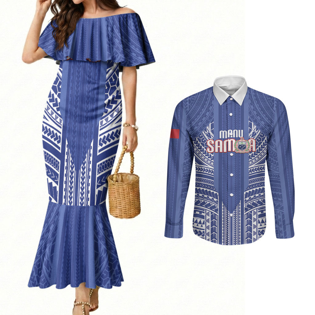 Custom Manu Samoa Rugby 2026 Couples Matching Mermaid Dress and Long Sleeve Button Shirt Samoan Pattern LT14 Blue - Polynesian Pride