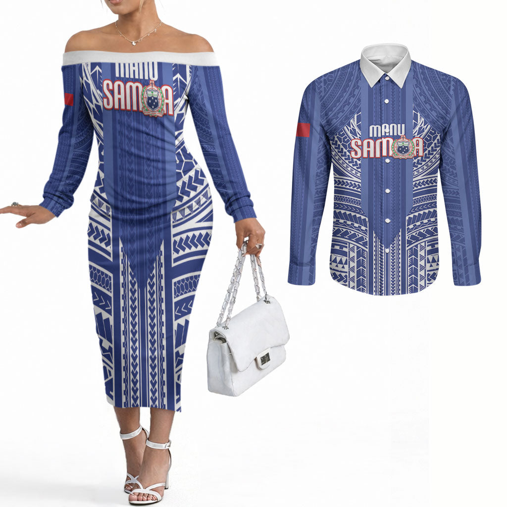 Custom Manu Samoa Rugby 2026 Couples Matching Off The Shoulder Long Sleeve Dress and Long Sleeve Button Shirt Samoan Pattern LT14 Blue - Polynesian Pride