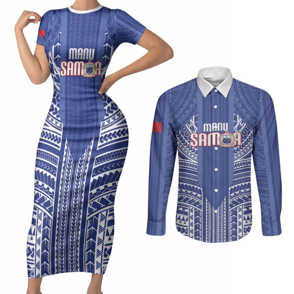 Custom Manu Samoa Rugby 2026 Couples Matching Short Sleeve Bodycon Dress and Long Sleeve Button Shirt Samoan Pattern LT14 Blue - Polynesian Pride