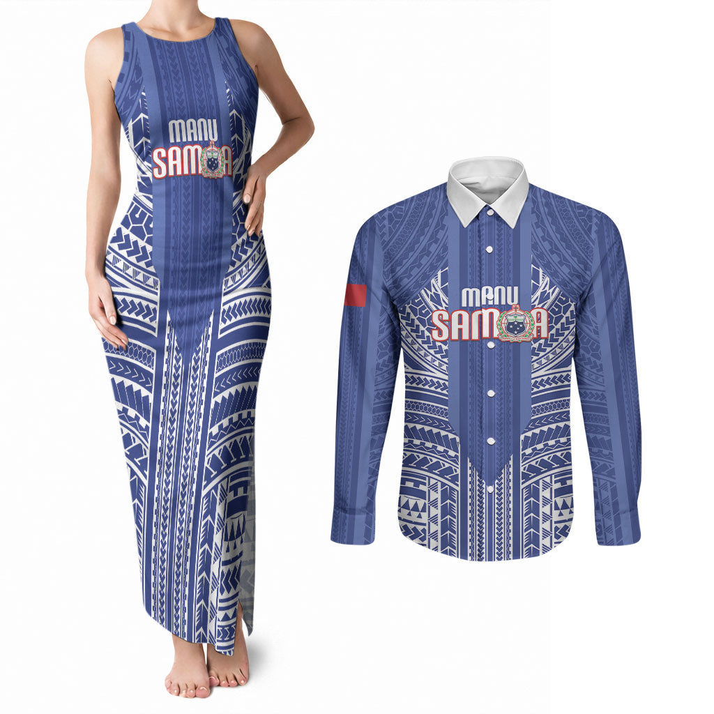 Custom Manu Samoa Rugby 2026 Couples Matching Tank Maxi Dress and Long Sleeve Button Shirt Samoan Pattern LT14 Blue - Polynesian Pride