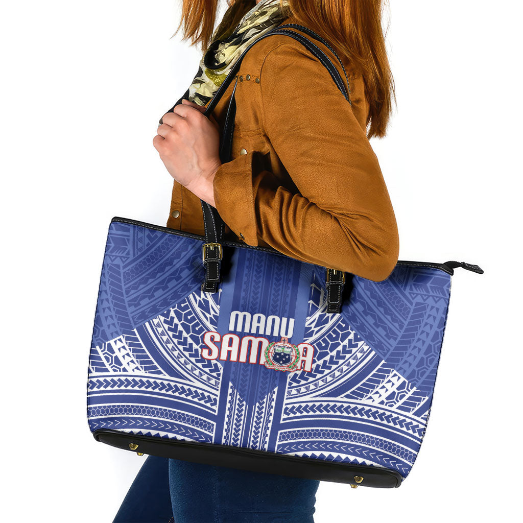 Manu Samoa Rugby 2026 Leather Tote Bag Samoan Pattern LT14 Blue - Polynesian Pride