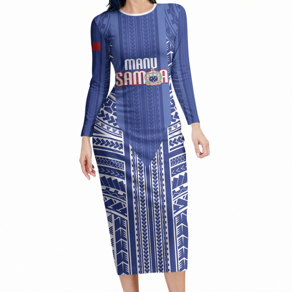 Custom Manu Samoa Rugby 2026 Long Sleeve Bodycon Dress Samoan Pattern LT14 Long Dress Blue - Polynesian Pride