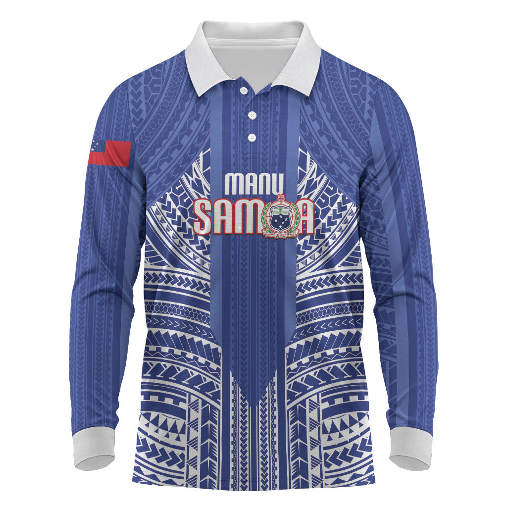Custom Manu Samoa Rugby 2026 Long Sleeve Polo Shirt Samoan Pattern LT14 Blue - Polynesian Pride