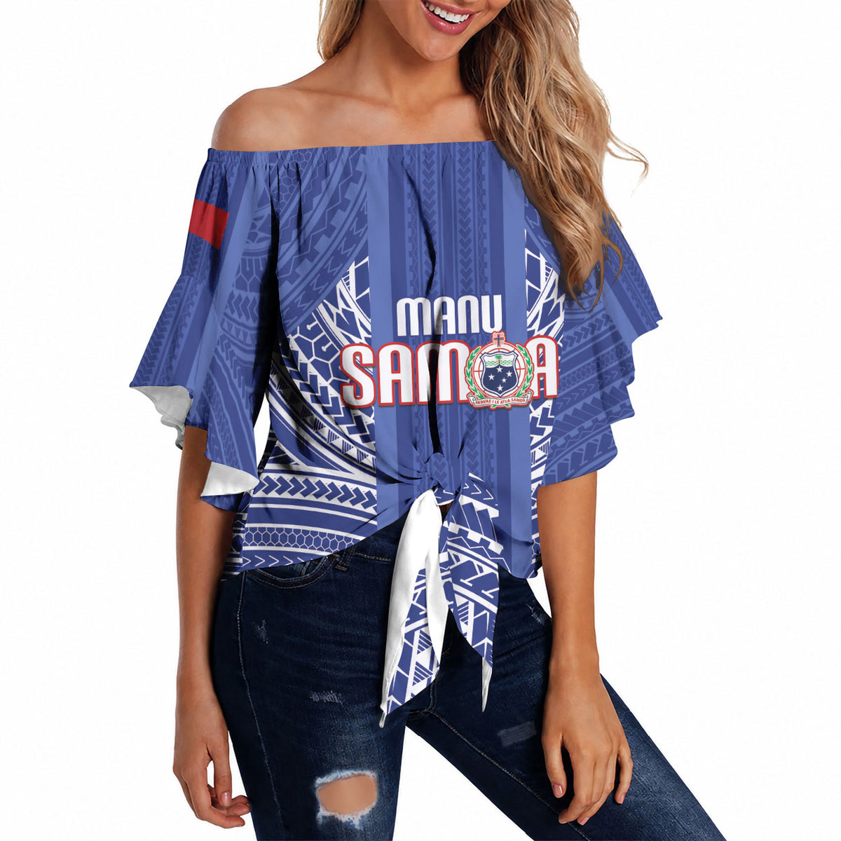 Custom Manu Samoa Rugby 2026 Off Shoulder Wrap Waist Top Samoan Pattern LT14 - Polynesian Pride