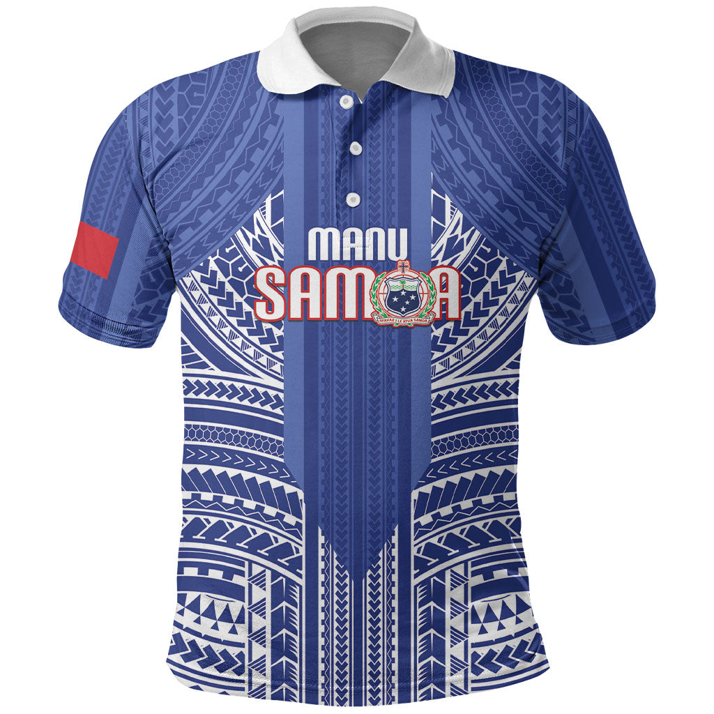 Custom Manu Samoa Rugby 2026 Polo Shirt Samoan Pattern LT14 Blue - Polynesian Pride