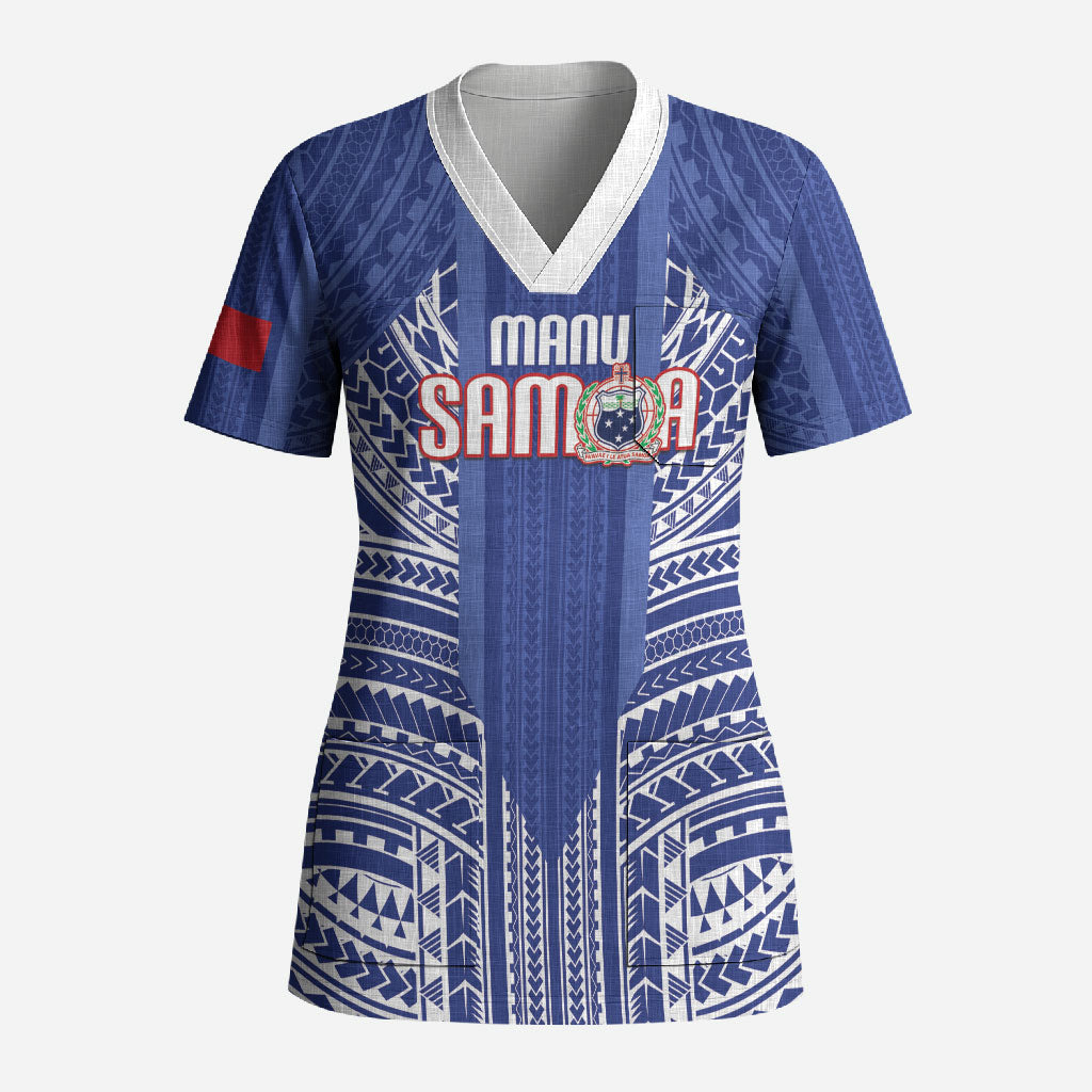 Custom Manu Samoa Rugby 2026 Scrub Top Samoan Pattern LT14 Adult Blue - Polynesian Pride