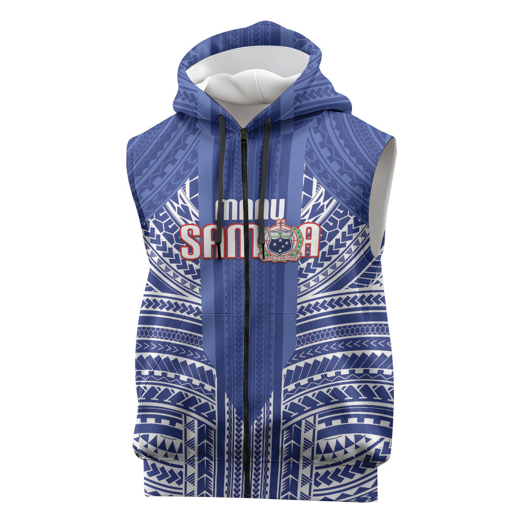 Custom Manu Samoa Rugby 2026 Sleeveless Zip Hoodie Samoan Pattern LT14 Blue - Polynesian Pride