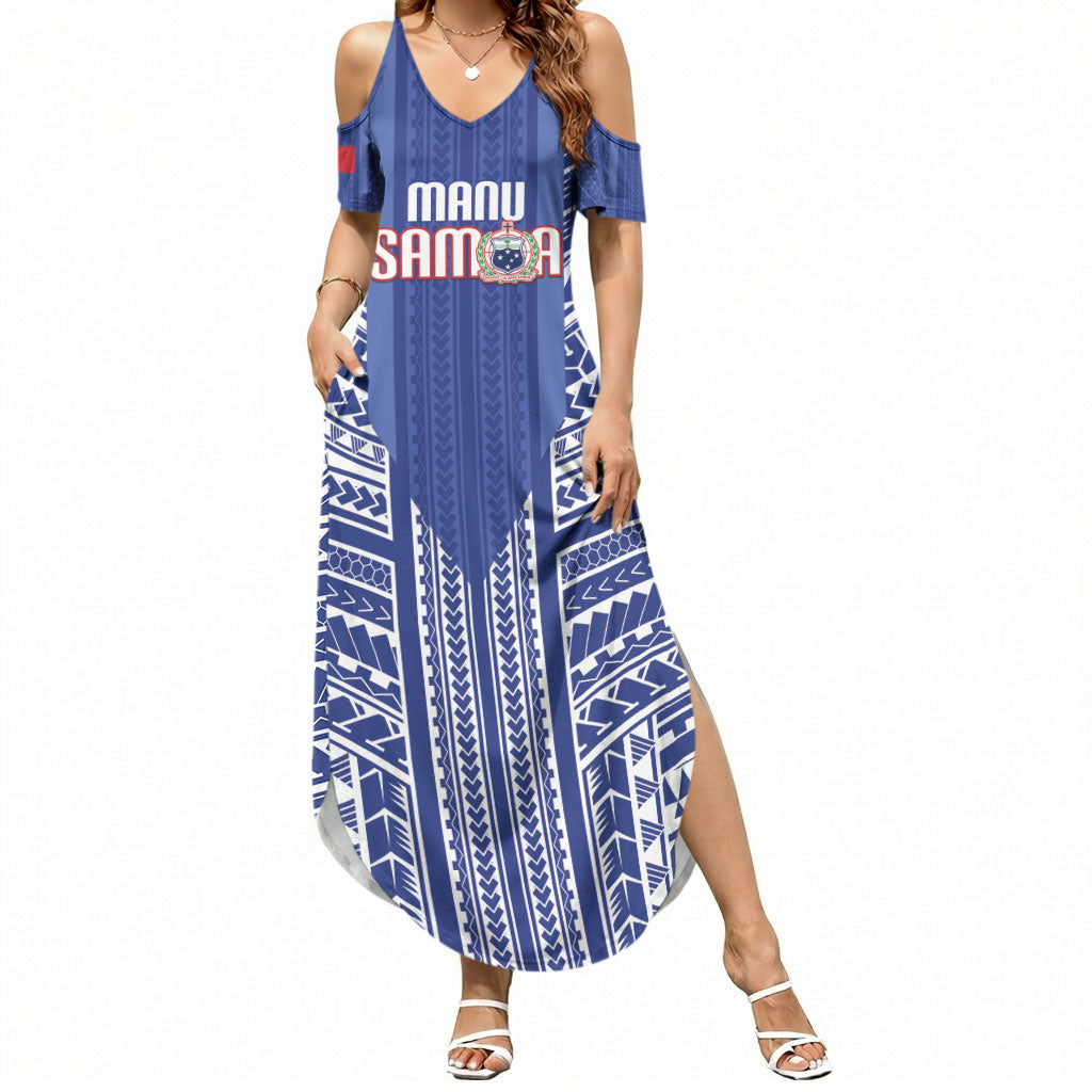 Custom Manu Samoa Rugby 2026 Summer Maxi Dress Samoan Pattern LT14 Women Blue - Polynesian Pride