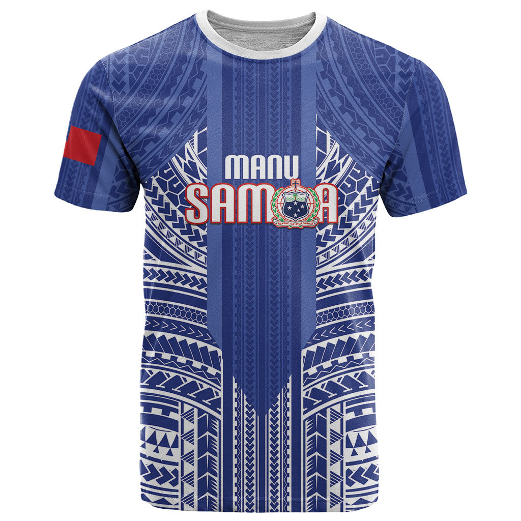 Custom Manu Samoa Rugby 2026 T Shirt Samoan Pattern LT14 Blue - Polynesian Pride