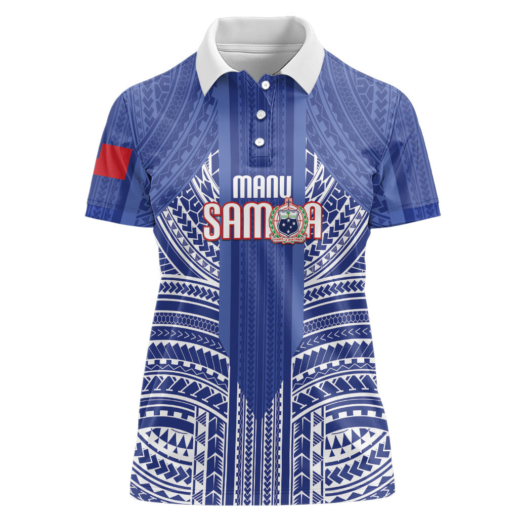 Custom Manu Samoa Rugby 2026 Women Polo Shirt Samoan Pattern LT14 Female Blue - Polynesian Pride