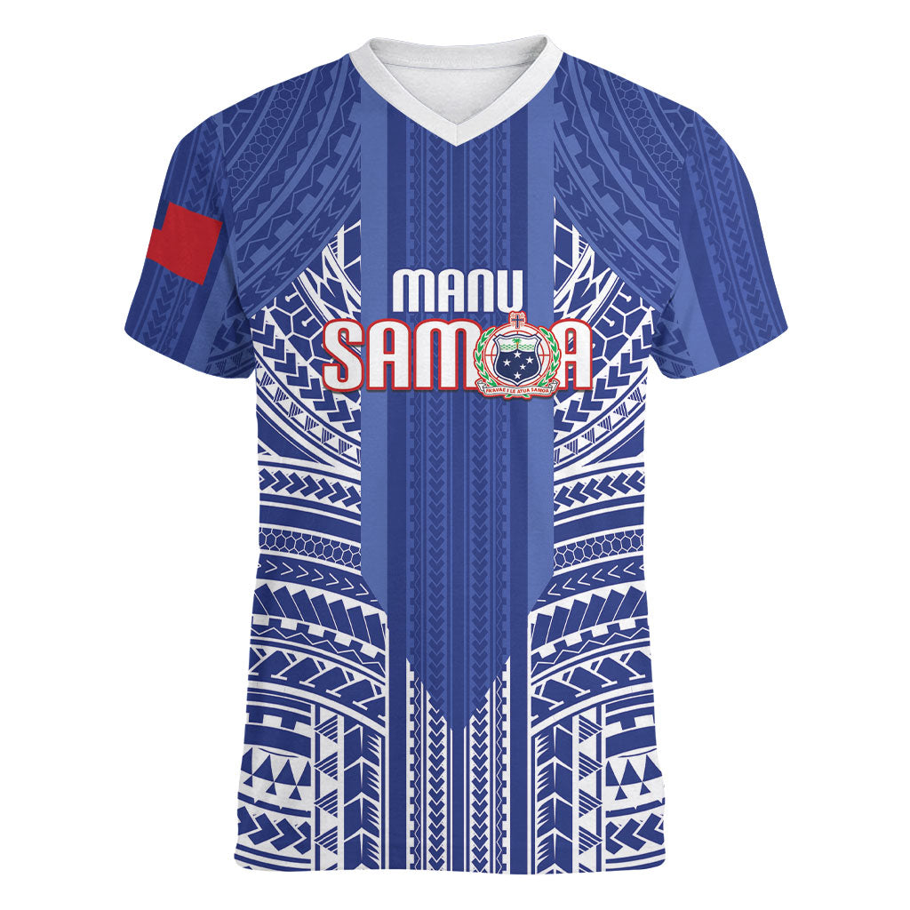 Custom Manu Samoa Rugby 2026 Women V-Neck T-Shirt Samoan Pattern LT14 Female Blue - Polynesian Pride