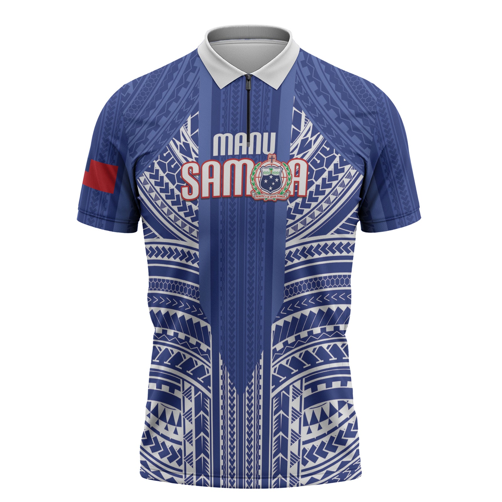 Custom Manu Samoa Rugby 2026 Zipper Polo Shirt Samoan Pattern LT14 Blue - Polynesian Pride