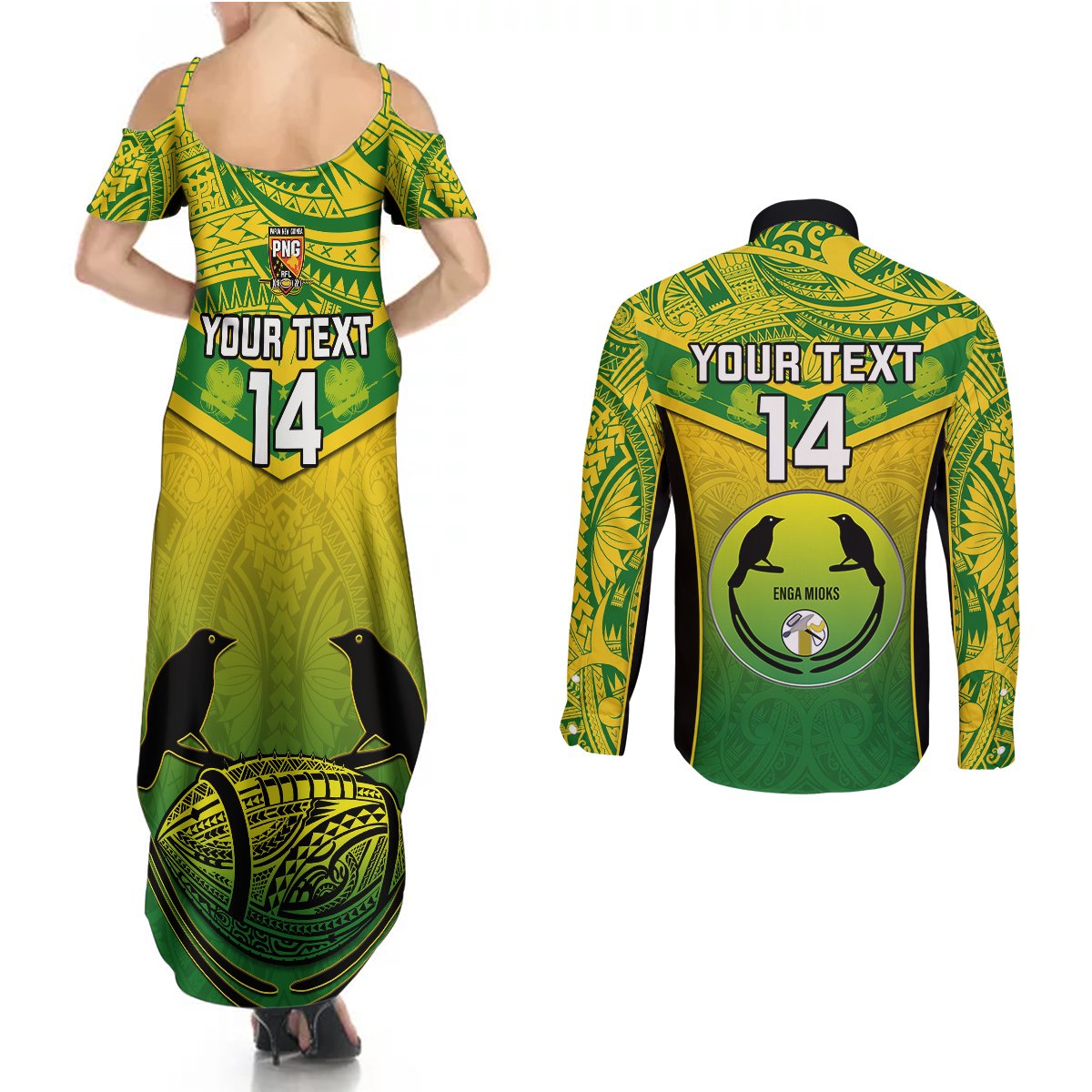 Custom Papua New Guinea Rugby Couples Matching Summer Maxi Dress and Long Sleeve Button Shirts Enga Mioks PNG Polynesian Pattern LT14 - Polynesian Pride