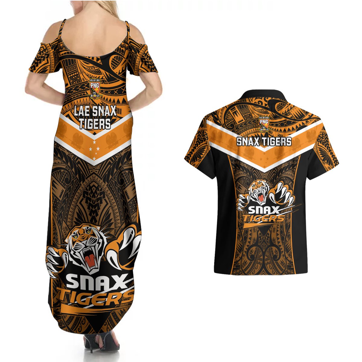 Papua New Guinea Rugby Couples Matching Summer Maxi Dress and Hawaiian Shirt Lae Snax Tigers PNG Polynesian Pattern LT14 - Polynesian Pride