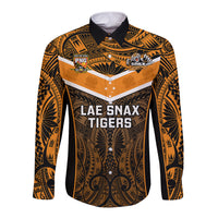 Papua New Guinea Rugby Long Sleeve Button Shirt Lae Snax Tigers PNG Polynesian Pattern LT14 Unisex Orange - Polynesian Pride