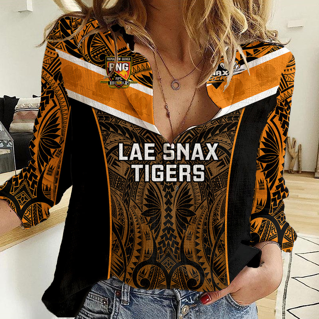 Custom Papua New Guinea Rugby Women Casual Shirt Lae Snax Tigers PNG Polynesian Pattern LT14 Female Orange - Polynesian Pride