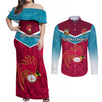 Papua New Guinea Rugby Couples Matching Off Shoulder Maxi Dress and Long Sleeve Button Shirts Goroka Lahanis PNG Polynesian Pattern LT14 Red - Polynesian Pride