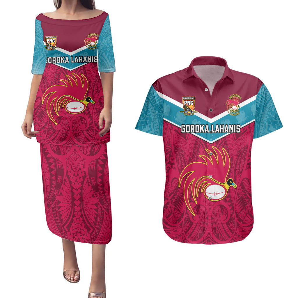 Papua New Guinea Rugby Couples Matching Puletasi Dress and Hawaiian Shirt Goroka Lahanis PNG Polynesian Pattern LT14 Red - Polynesian Pride
