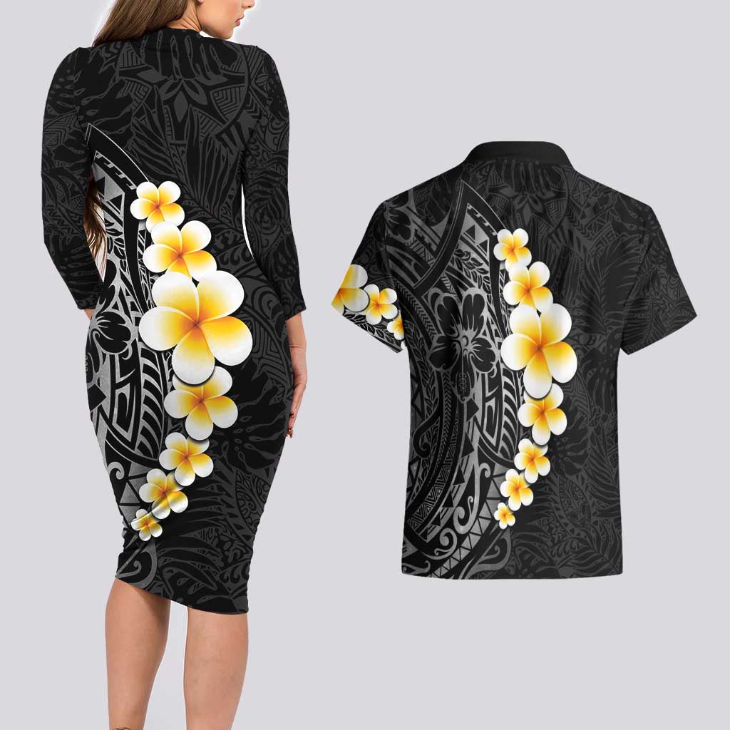 Black Tropical Plumeria With Galaxy Polynesian Art Couples Matching Long Sleeve Bodycon Dress and Hawaiian Shirt LT14 - Polynesian Pride