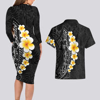 Black Tropical Plumeria With Galaxy Polynesian Art Couples Matching Long Sleeve Bodycon Dress and Hawaiian Shirt LT14 - Polynesian Pride