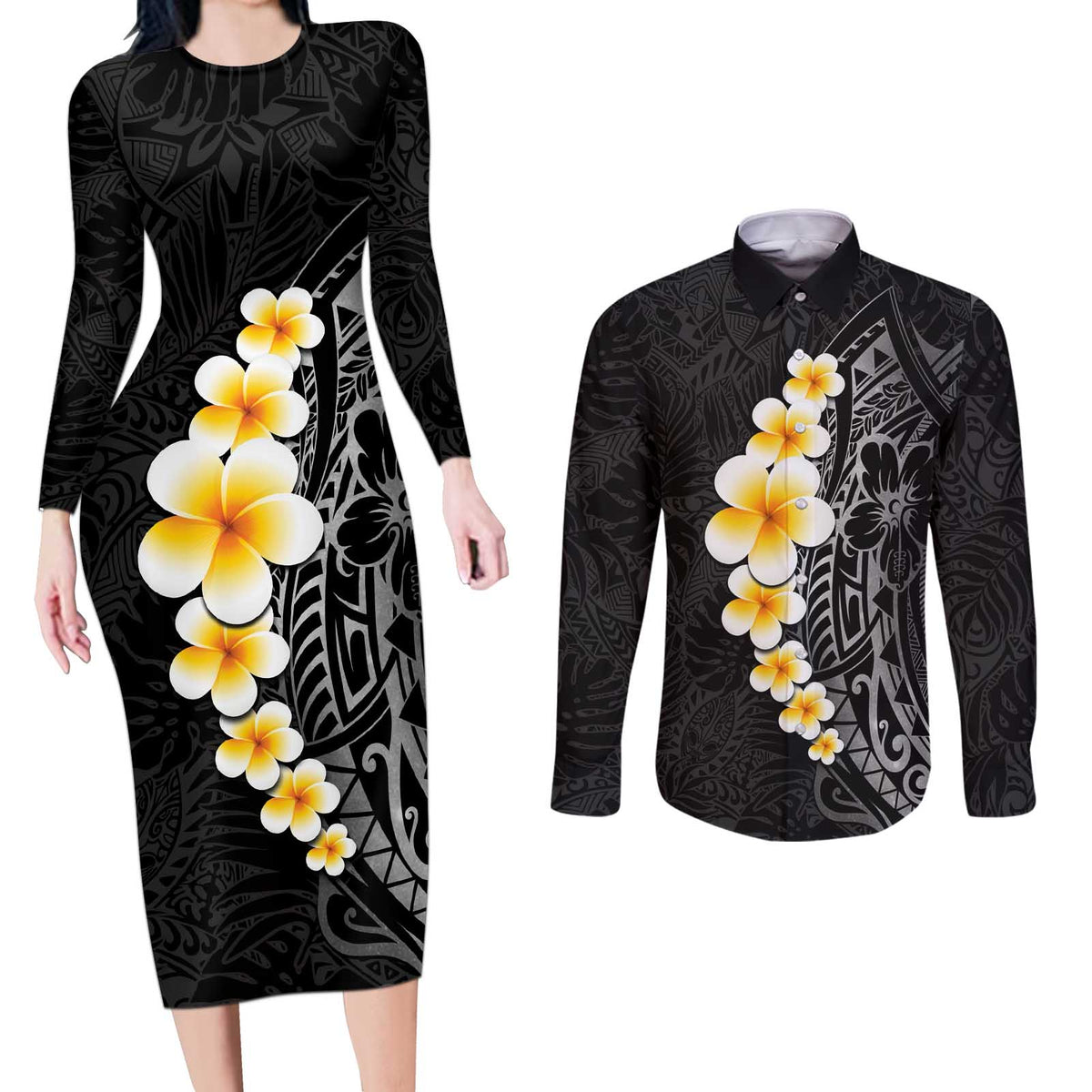 Black Tropical Plumeria With Galaxy Polynesian Art Couples Matching Long Sleeve Bodycon Dress and Long Sleeve Button Shirt LT14 Black - Polynesian Pride