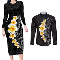 Black Tropical Plumeria With Galaxy Polynesian Art Couples Matching Long Sleeve Bodycon Dress and Long Sleeve Button Shirt LT14 Black - Polynesian Pride