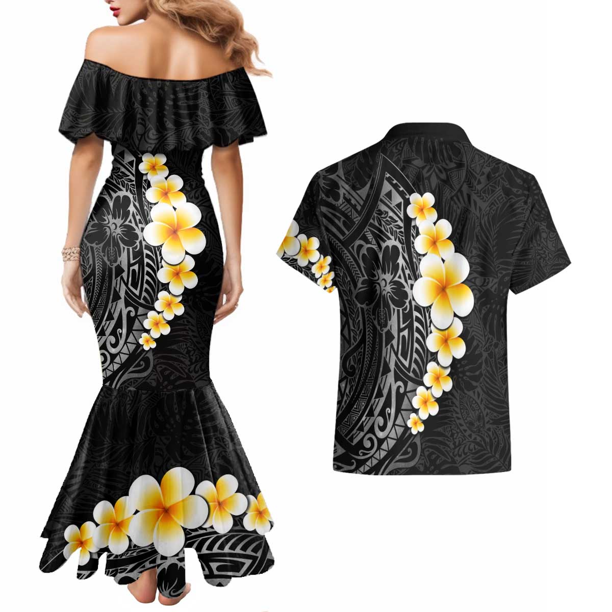 Black Tropical Plumeria With Galaxy Polynesian Art Couples Matching Mermaid Dress and Hawaiian Shirt LT14 - Polynesian Pride