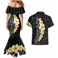 Black Tropical Plumeria With Galaxy Polynesian Art Couples Matching Mermaid Dress and Hawaiian Shirt LT14 - Polynesian Pride