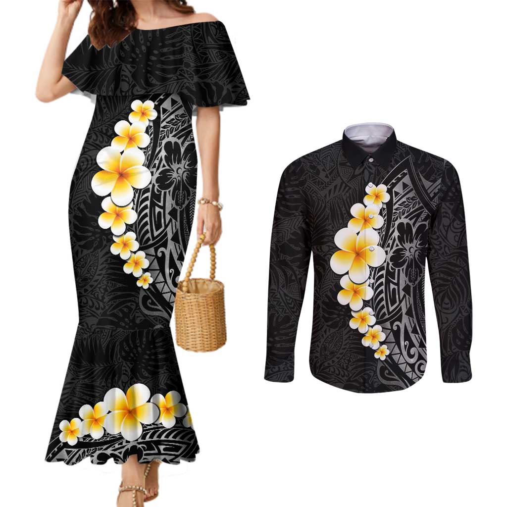 Black Tropical Plumeria With Galaxy Polynesian Art Couples Matching Mermaid Dress and Long Sleeve Button Shirt LT14 Black - Polynesian Pride