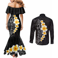 Black Tropical Plumeria With Galaxy Polynesian Art Couples Matching Mermaid Dress and Long Sleeve Button Shirt LT14 - Polynesian Pride