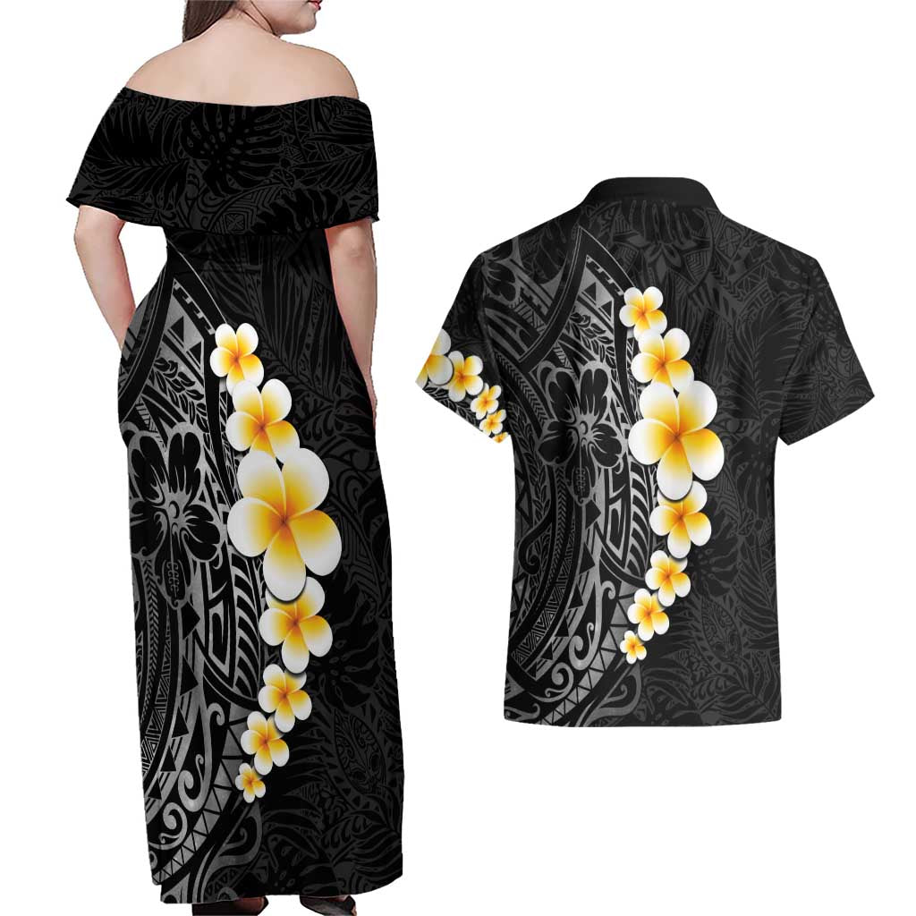 Black Tropical Plumeria With Galaxy Polynesian Art Couples Matching Off Shoulder Maxi Dress and Hawaiian Shirt LT14 - Polynesian Pride