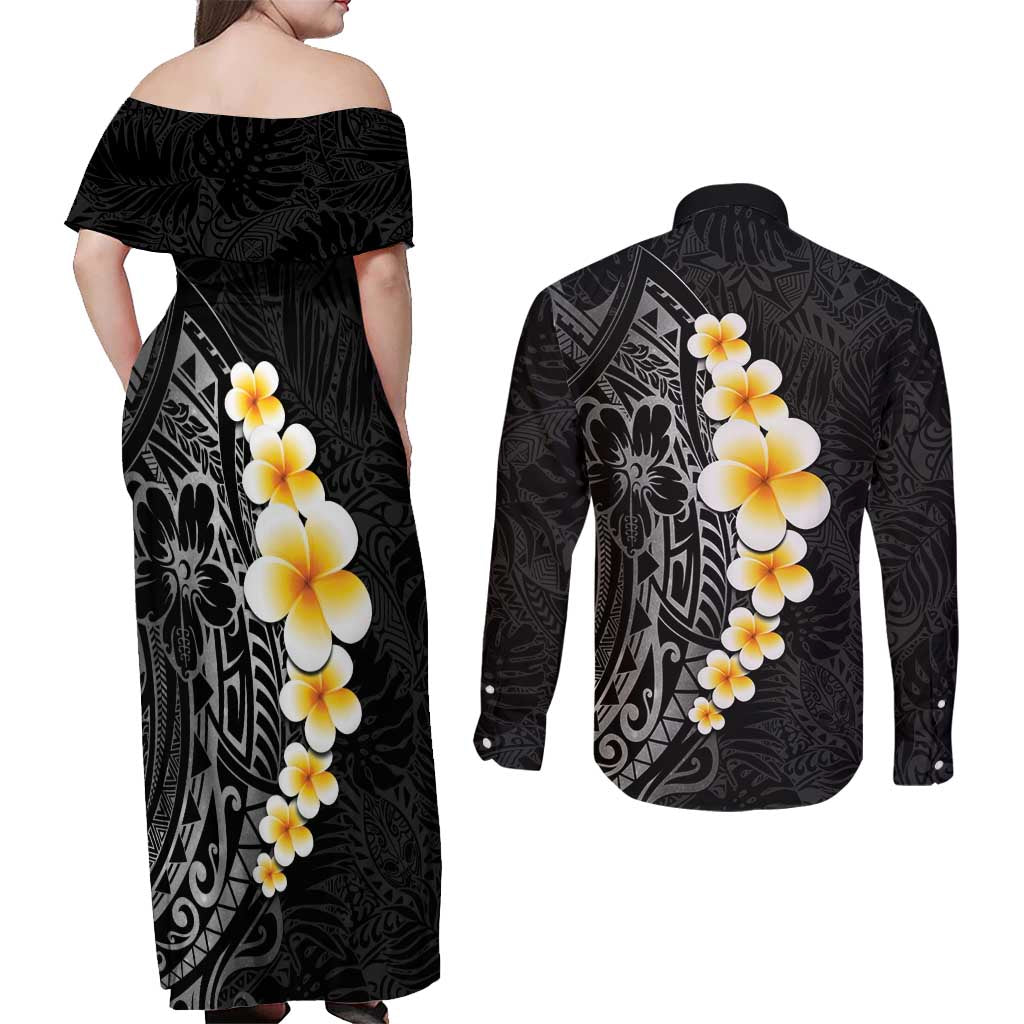 Black Tropical Plumeria With Galaxy Polynesian Art Couples Matching Off Shoulder Maxi Dress and Long Sleeve Button Shirt