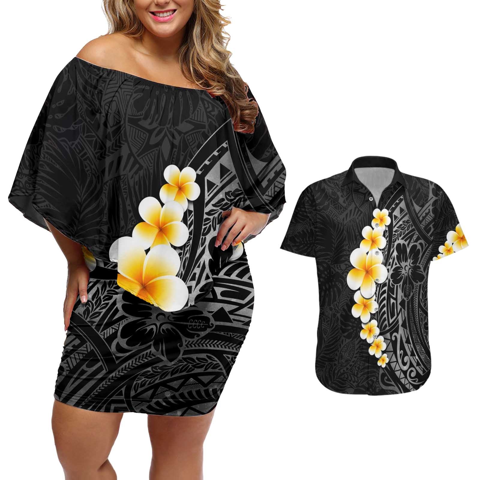 Black Tropical Plumeria With Galaxy Polynesian Art Couples Matching Off Shoulder Short Dress and Hawaiian Shirt LT14 Black - Polynesian Pride
