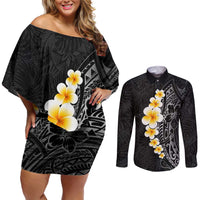 Black Tropical Plumeria With Galaxy Polynesian Art Couples Matching Off Shoulder Short Dress and Long Sleeve Button Shirt